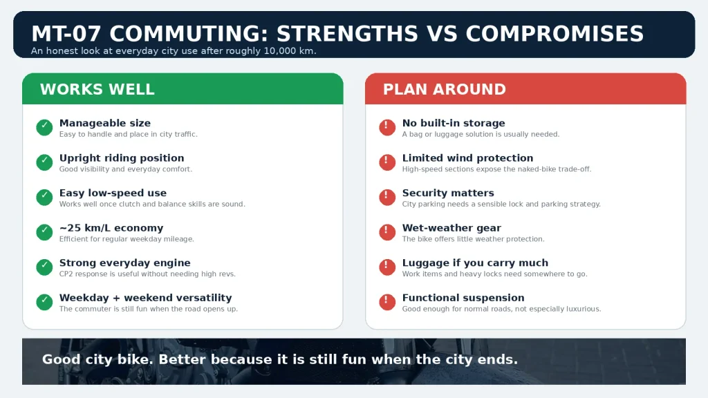 Yamaha MT-07 commuting infographic comparing strengths such as manageable size, fuel economy and versatility with compromises including storage, wind protection, security and weather exposure.