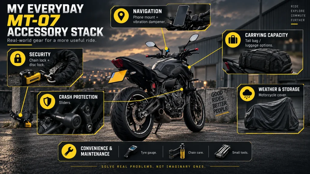MT-07 accessory diagram showing my everyday priorities for security, navigation, carrying capacity, weather protection and crash protection.