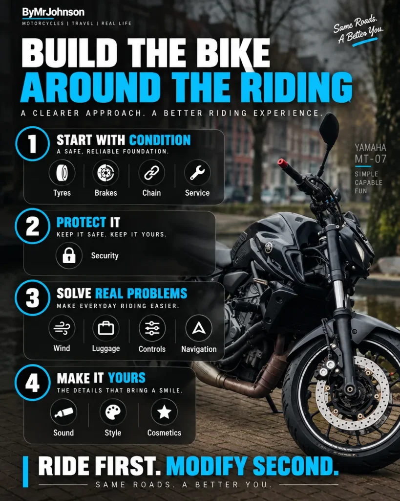 MT-07 setup infographic showing a practical upgrade order: maintenance first, then security, real riding needs and finally personalisation.