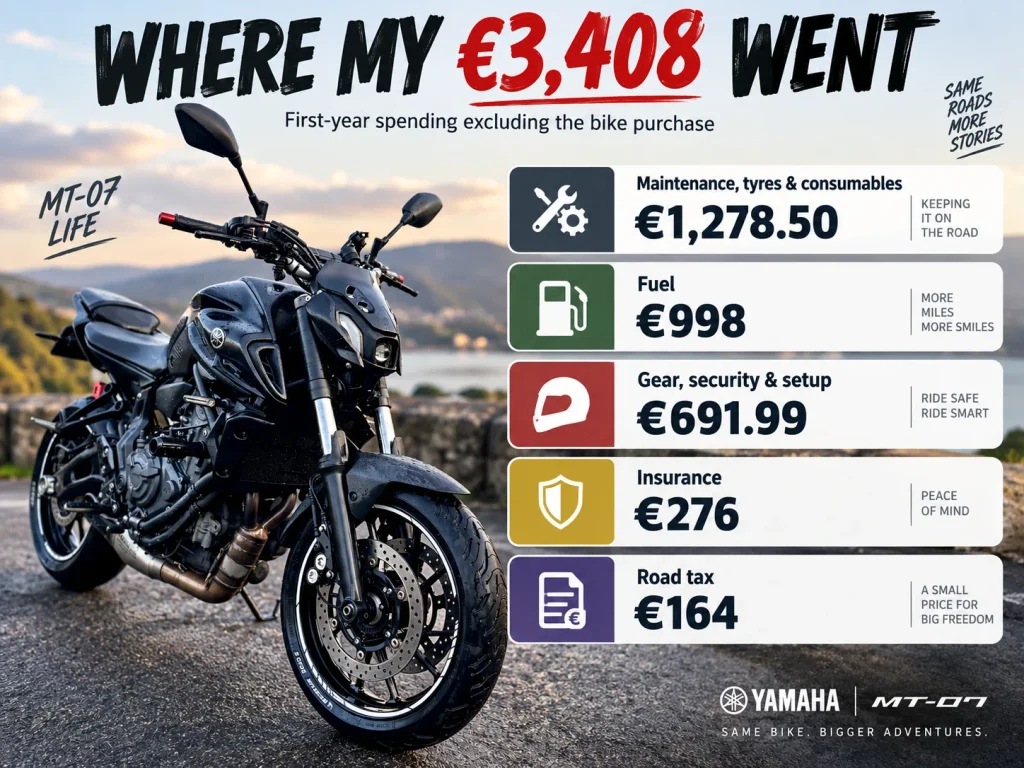 Breakdown of my first-year Yamaha MT-07 expenses, including maintenance, fuel, gear and setup, insurance, and road tax.