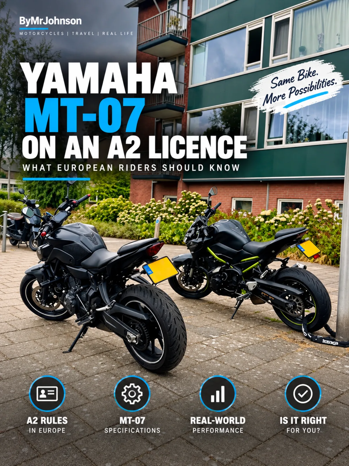 Two motorcycles parked in a residential area, used as a featured image for a guide to riding an MT-07 on an A2 licence in Europe.