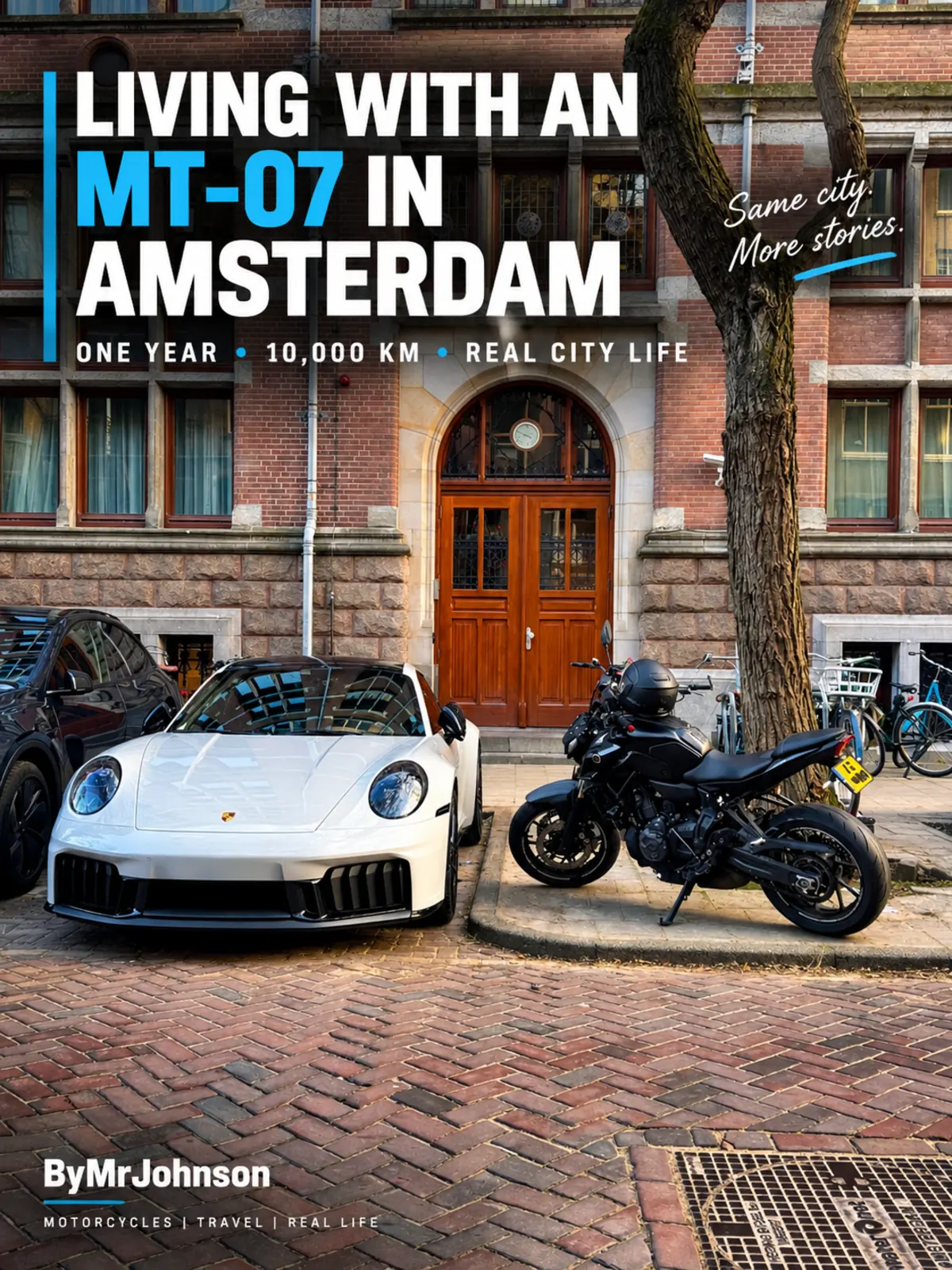 2021 Yamaha MT-07 TITAN parked on an Amsterdam street beside a white sports car, used as a featured image for an article about living with an MT-07 in Amsterdam.