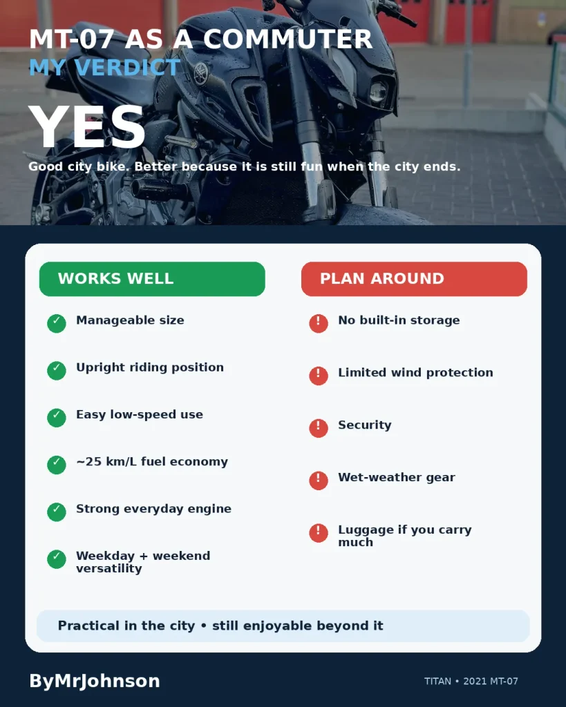 Yamaha MT-07 commuter verdict infographic showing why I rate it highly for city riding while noting storage, wind protection, security and wet-weather compromises.