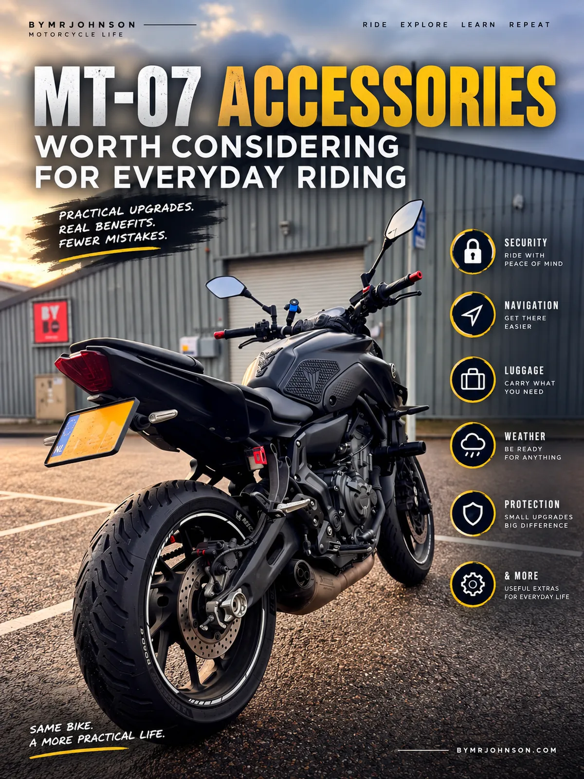 2021 Yamaha MT-07 TITAN parked outside an industrial building, featured for a guide to useful everyday MT-07 accessories.