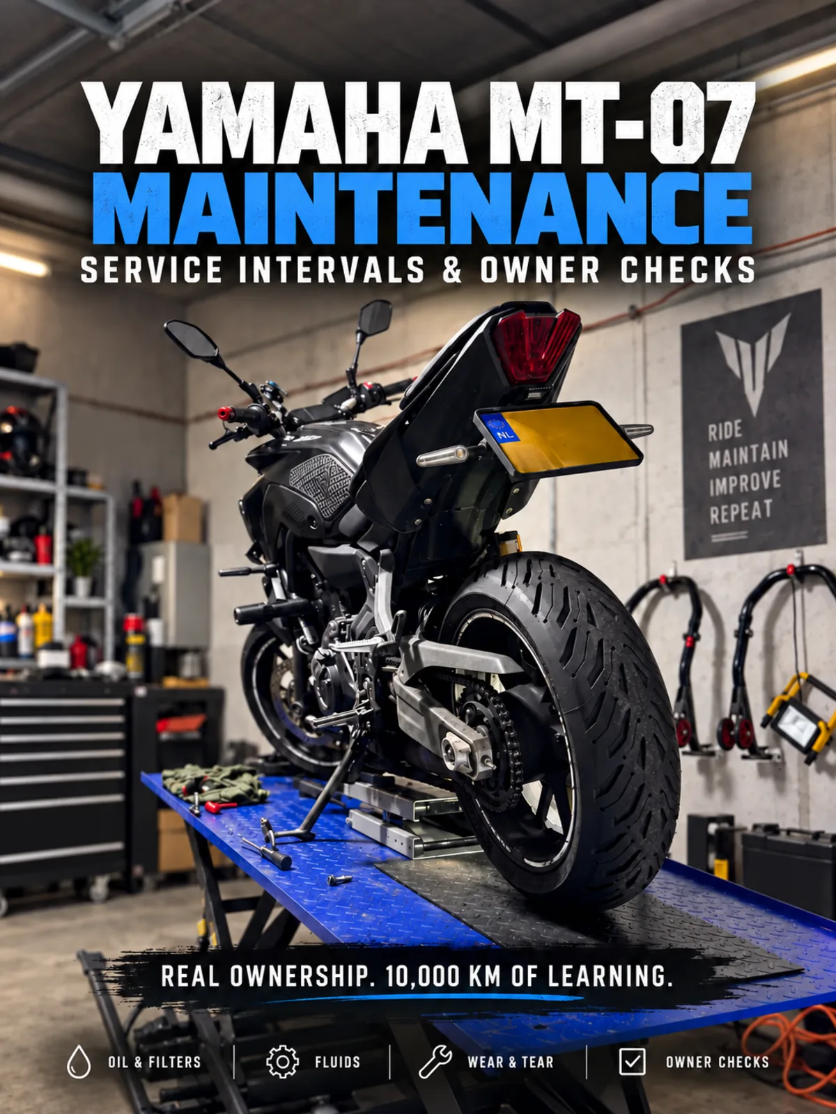 2021 Yamaha MT-07 with a maintenance guide headline covering oil, chain, tyres, brakes and upcoming service needs.